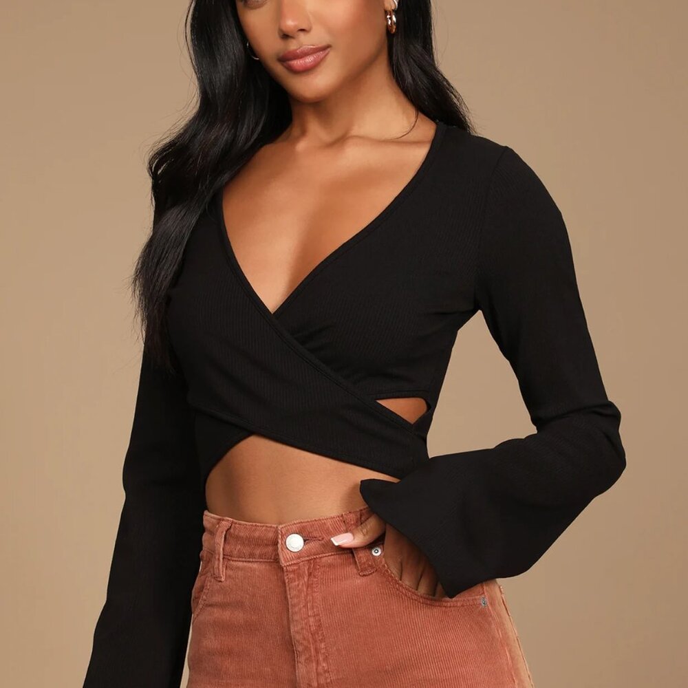 Lulus Perfect Appeal Black Ribbed Cutout Bell Sleeve Bodysuit XS